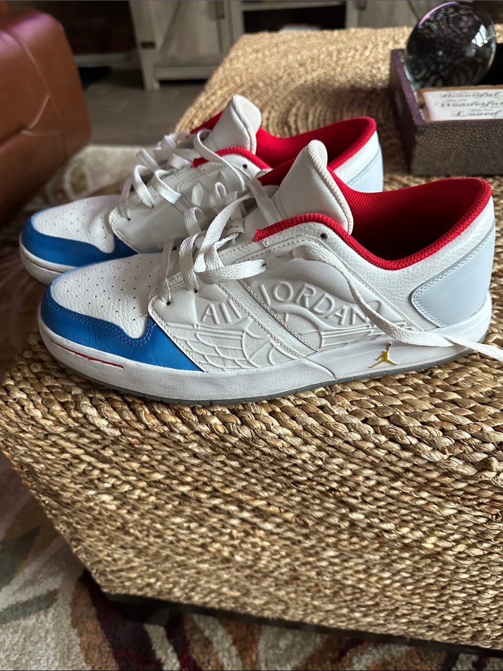 Jordan men’s size 10 Low-Top Sneakers in White/Blue/Red Accent